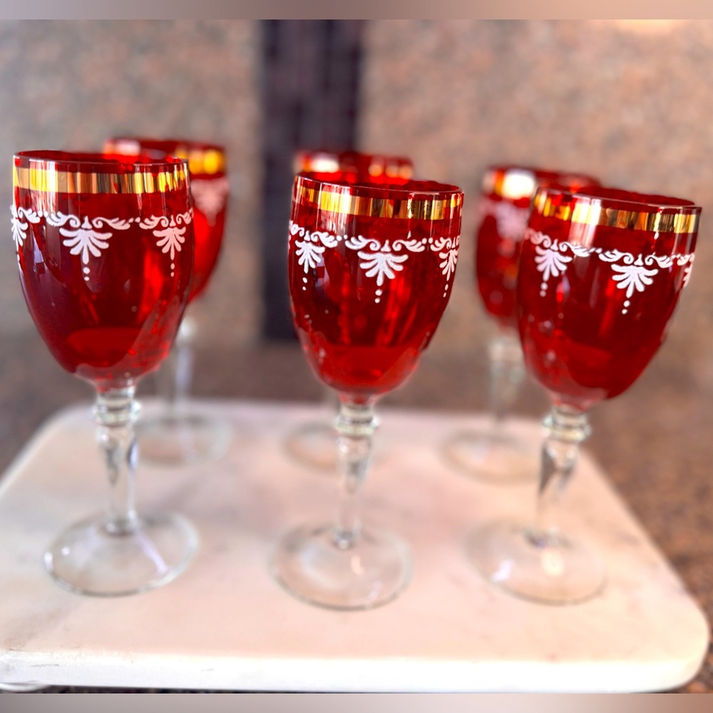 SOLD  Of 6 Vintage Czech Crystal Bohemian Ruby Wine Glasses with 22K Gold MCM